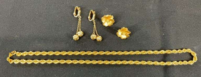 Monet goldtone chain 20in, pair of clip on earrings, and floral pins