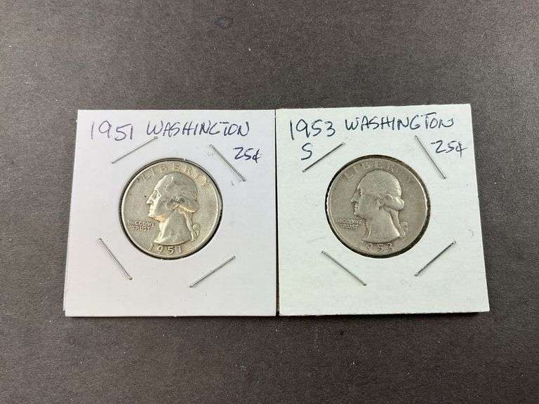 Two silver Washington quarters 1951 and 1953S