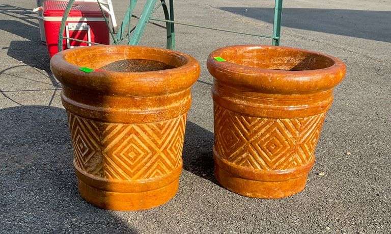 Clay Planters with Geometric Design and Pre-Drilled Holes, 15”Hx12.5” Openings