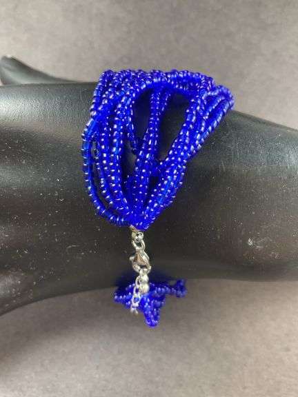 Blue glass seed bracelet rhodium over sterling silver 8.5in
