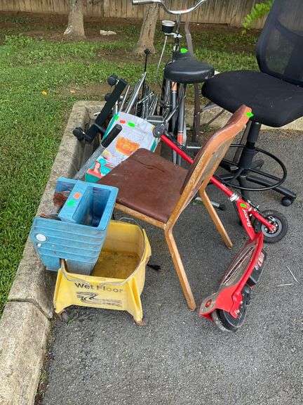 Scrap Lot with Bicycle, Chairs, Scooter, and Miscellaneous Items