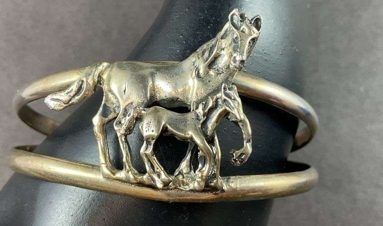 Large Cuff Bracelet With Horses 26.8 grams Sterling Silver size 2" Mexico