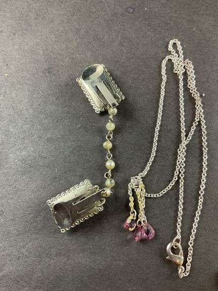 Two Necklaces One With Pearls(Barbie) One With Three Tiny Amber Beads/ Sweater Clip Made From Earrings