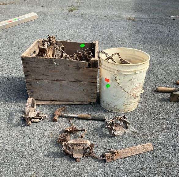 Plastic Bucket and Wooden Crate with Assorted Metal Traps