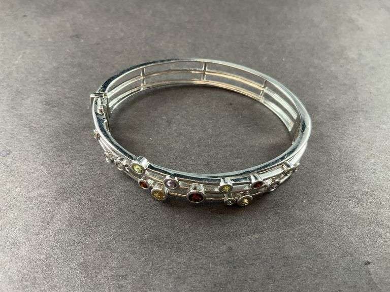 Bangle Bracelet With Multi Stones With A Clasp 20.3 grams Sterling Silver size 2 "