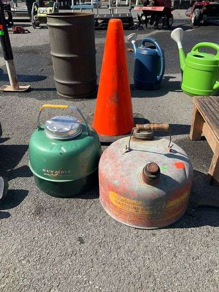 Caution Cone, Lidded Thermos, and Galvanized 2-Gallon Fuel Can