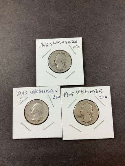 Three Washington quarters 1945, 1945S, and 1945D