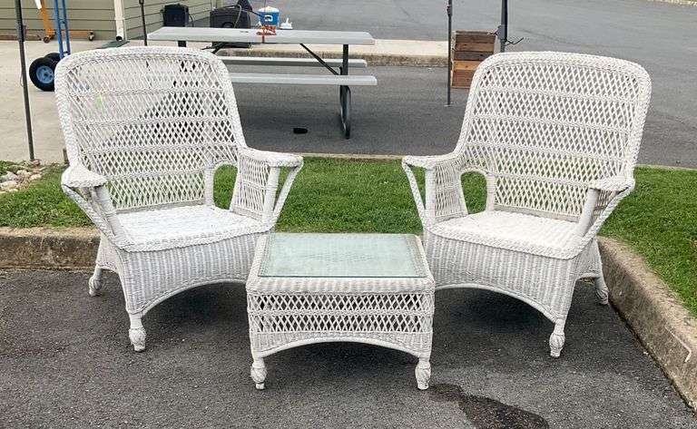 Three-Piece White Wicker Patio Set With Glass-Top Table