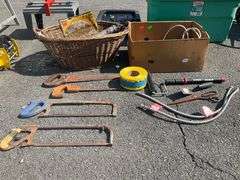 Wicker Basket and Cardboard Box Containing Assorted Tools
