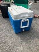 Blue and White Plastic Cooler with Lid and Handles