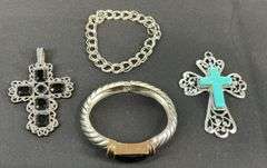 Costume jewelry, two cross pendants and two bracelets