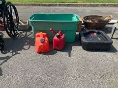 Plastic Tote with Oil Pan and Two Plastic Fuel Cans
