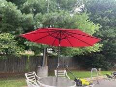5-Piece Patio Set with Aluminum Frame Chairs, Glass-Top Table, and 8’ Dia. Red Umbrella
