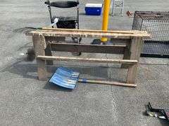 Wooden Sawhorse, Plastic Head Shovel with Wooden Handle, Metal Head Rake, and Chimney Sweep Brush