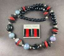 Costume Jewelry Ceramic Beaded Necklace And Earrings Also Ceramic Blues Black And Red