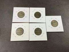 Five silver Jefferson nickels 1944/1945
