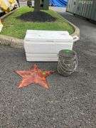 Igloo Cooler, Metal Barn Star, and Galvanized Buckets with Handles
