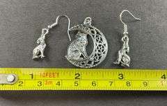 Wolf moon silvertone pendant and howling wolf dangle earrings