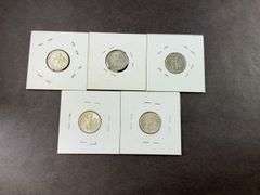 Five silver Roosevelt dimes 1954, 1954S, 1956D, 1964, and 1964D