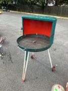 Metal Barrel-Style Grill with Hinged Lid and Rolling Stand