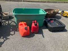 Plastic Tote with Oil Pan and Two Plastic Fuel Cans