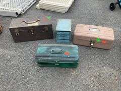 Two Metal Toolboxes, Four-Drawer Organizer, and Fishing Toolbox