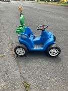 Blue Plastic Ride-On Toy Car with Steering Wheel and Rear Handle