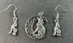 Wolf moon silvertone pendant and howling wolf dangle earrings