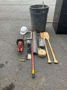 Plastic Trashcan with Assorted Tools and Accessories