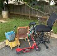 Scrap Lot with Bicycle, Chairs, Scooter, and Miscellaneous Items