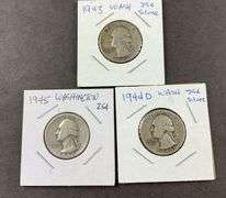 Three silver Washington quarters 1943, 1944D, and 1945
