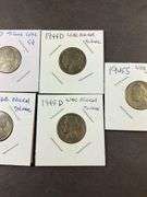 Five silver Jefferson nickels 1944/1945
