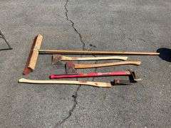 Push Broom, Splitting Wedge, Splitting Maul, and Two Axes with Wooden Handles