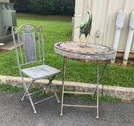 Decorative Metal Bird Sculpture, Foldable Patio Table, and Folding Chair