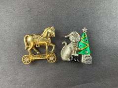 Two Lapel Pins Rocking Horse w/ Cat And Christmas Tree Pin