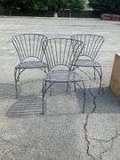 Three Metal Side Chairs with Slatted Seats and Curved Bar Backing