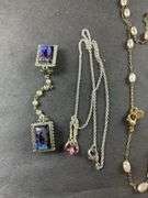 Two Necklaces One With Pearls(Barbie) One With Three Tiny Amber Beads/ Sweater Clip Made From Earrings