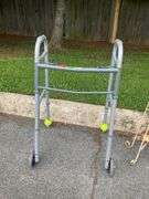 Gray Metal Mobility Walker with Two Wheels and Tennis Ball Feet