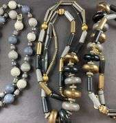 Three necklaces, Costume Jewelry Ceramic Beaded Necklace Blues Cream Colored and two black and goldtone beads
