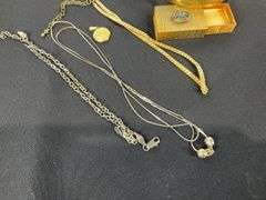 Gold filled locket pendant, match box, pill box, goldtone bracelet personalized “Thelma” , and three chains