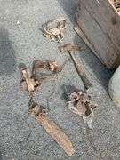 Plastic Bucket and Wooden Crate with Assorted Metal Traps