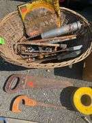 Wicker Basket and Cardboard Box Containing Assorted Tools