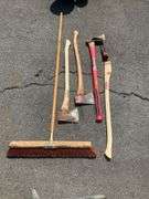 Push Broom, Splitting Wedge, Splitting Maul, and Two Axes with Wooden Handles