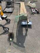Wooden Sawhorse, Plastic Head Shovel with Wooden Handle, Metal Head Rake, and Chimney Sweep Brush