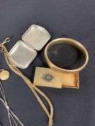 Gold filled locket pendant, match box, pill box, goldtone bracelet personalized “Thelma” , and three chains