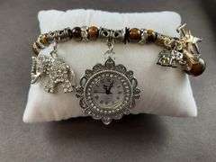 Strada / Genoa tigers eye bead and Austrian crystal Japanese movement 7-7.5in stretch bracelet silvertone watch with charms, new, runs