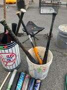 Metal Tin and Plastic Bucket Containing Assorted Baseball Bats