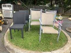 Two Wicker Patio Chairs and Three Aluminum Frame Canvas Chairs