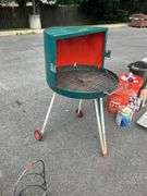 Metal Barrel-Style Grill with Hinged Lid and Rolling Stand