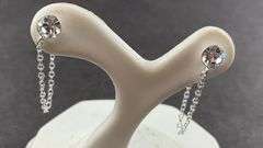 Sterling silver round white crystal with chain stud earrings .70g